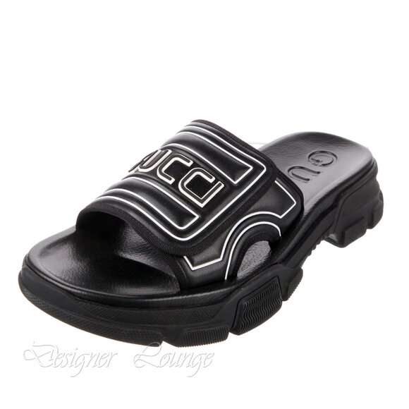 NEW GUCCI Aguru Black Leather & Rubber Logo Sandals Slides G 11 / US 11.5 main image 10